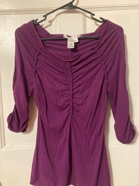 Max Studio Purple Ruched Front Three-Quarter Sleeve Top